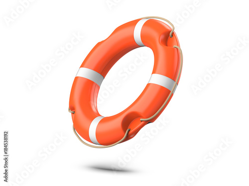 A life buoy for safety at sea, isolated on white background. 3d rendering of orange lifebuoy ring photo