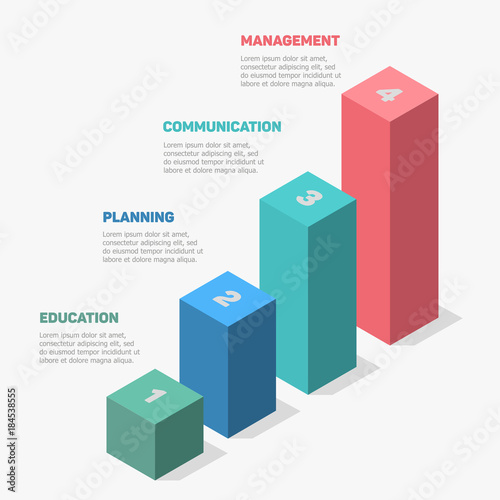 Isometric infographics, four steps for business success, 3d boxes