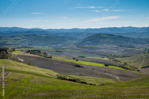 Volterra, Pisa, Italy - November 1, 2017: Hikers depart from Saline for the Volterra hills