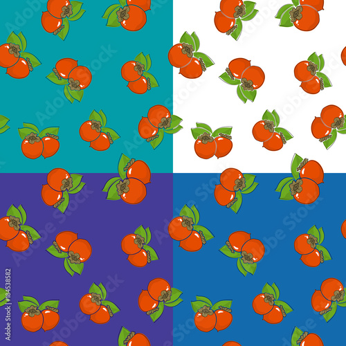Set of four Seamless Fruit Patterns  Persimmon on White Green Purple and Blue Background  Vector Illustration