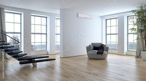Modern bright interior with air conditioning 3D rendering illustration