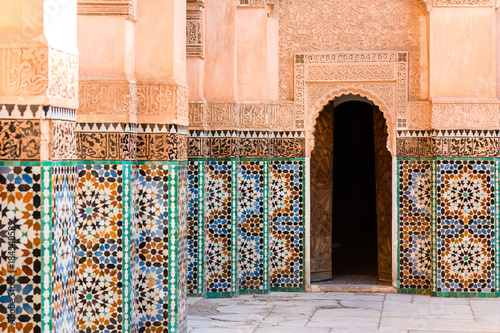 colorful ornamental tiles at moroccan courtyard