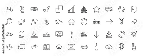 Set of Public Transport Related Vector Line Icons. Contains such Icons as Bus, Bike, Scooter, Car, balloon, Truck, Tram, Trolley, Sailboat, powerboat, Airplane and more. Editable Stroke. 32x32 Pixel