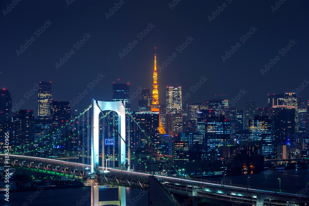 Fototapeta premium Widok na panoramę Tokio w nocy w Japonii.