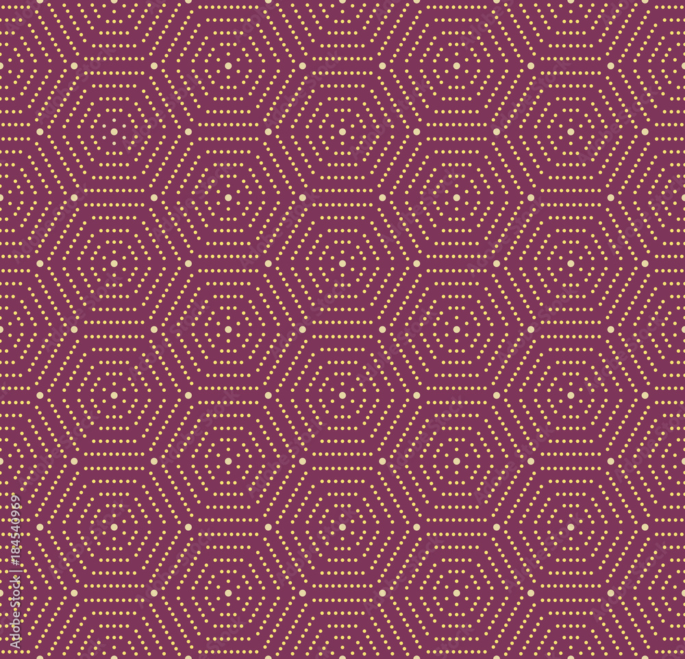 Geometric repeating vector ornament with hexagonal golden dotted elements. Geometric modern ornament. Seamless abstract modern pattern