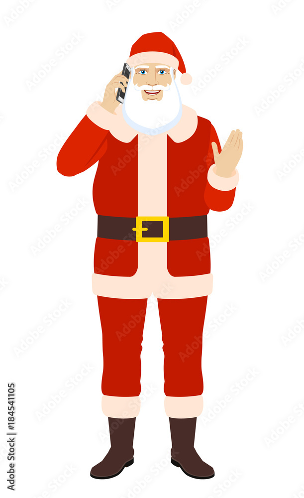 Santa Claus talking on the mobile phone and greeting someone with his hand raised up Santa Claus talking on the mobile phone and greeting someone with his hand raised up