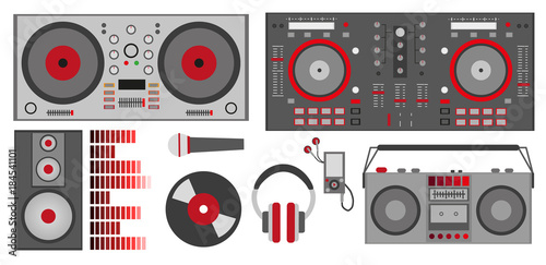 vector illustration with red DJ accessories DJ control, headphones, speaker, subwoofer, equalizer, vinyl record, microphone, player, record player