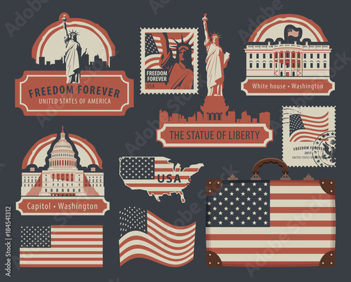 Vector set of american symbols and architectural landmarks of the United States of America with USA flag in retro style