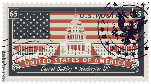 Vector Postage stamp with inscriptions and the image of the USA Capitol in Washington DC. Vector illustration Capitol Building in Washington on the background of american flag