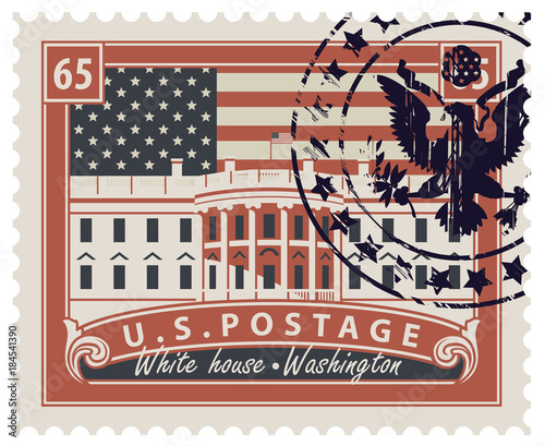Postage stamp with inscriptions and the image of the US Capitol in Washington DC. Vector illustration White house in Washington with rubber stamp on the background of american flag