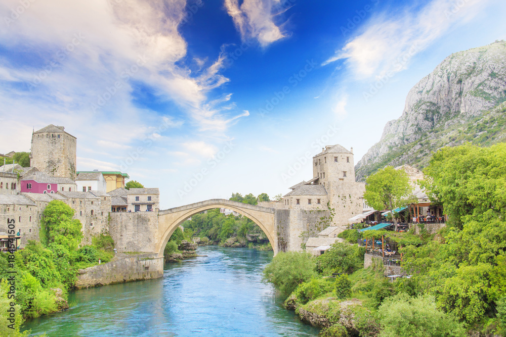 Beautiful view of the medieval town of Mostar from the Old Bridge in Bosnia and Herzegovina