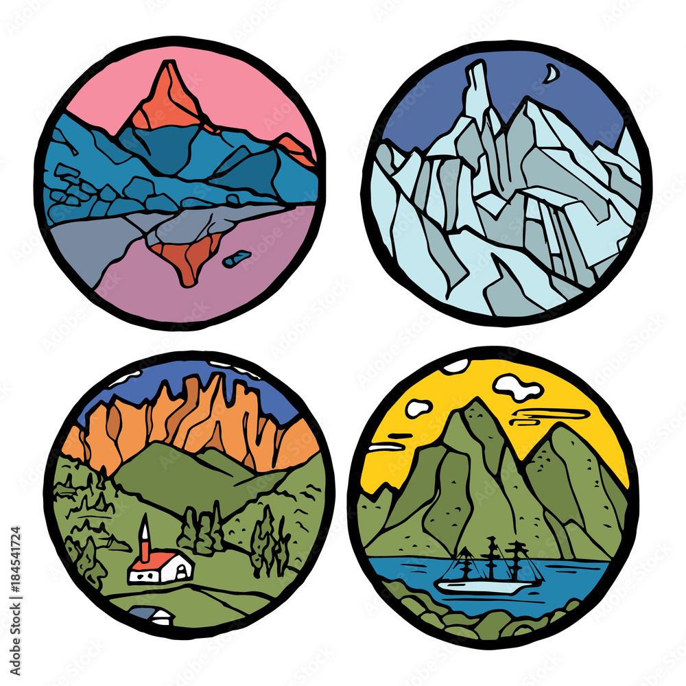 Fototapeta premium Mountain landscape icon set. 