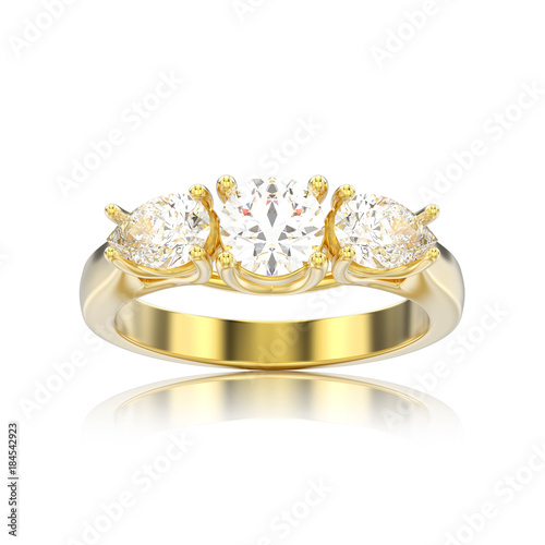 3D illustration isolated yellow gold three stone diamond ring with reflection