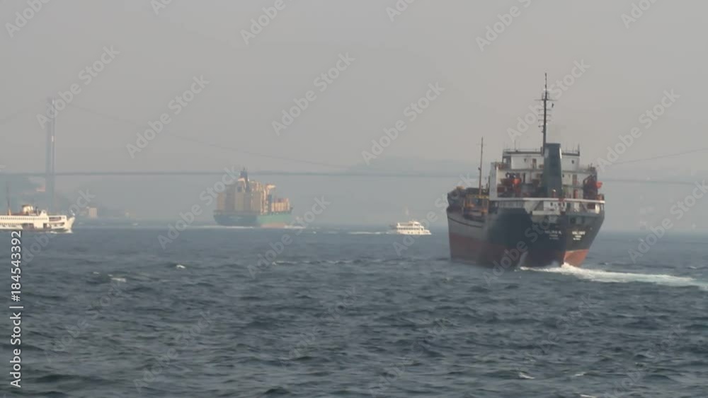 Cargo ship sailing into Bosphorus Strait. Sea traffic with cargo ships.