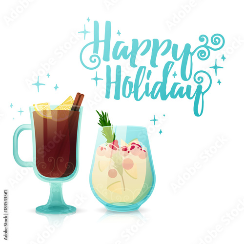 Design of a seasonal Christmas banner Happy holiday. A poster template with a New Year cocktail. Illustration with a glass of alcoholic winter sangria with a mug of mulled spiced wine. Vector