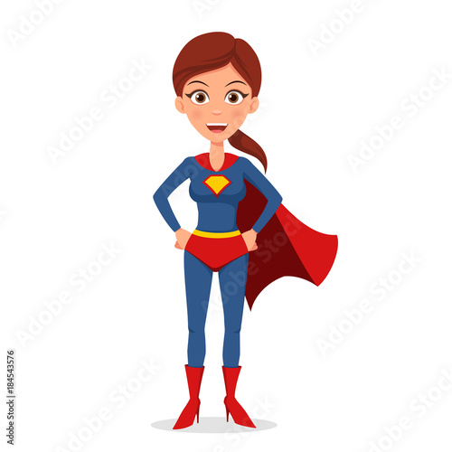 Vector illustration cartoon character. Superhero woman in a suit with a red raincoat, isolated on white background. Flat style.
