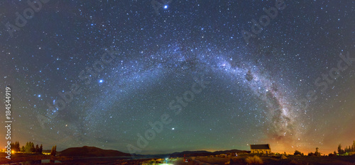 Panorama Milky way at the Church of the Good Shepherd, Lake Tekapo, New Zealand photo