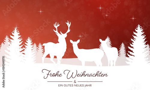 Weihnachtliche Landschaft mit Rentieren - in Rot