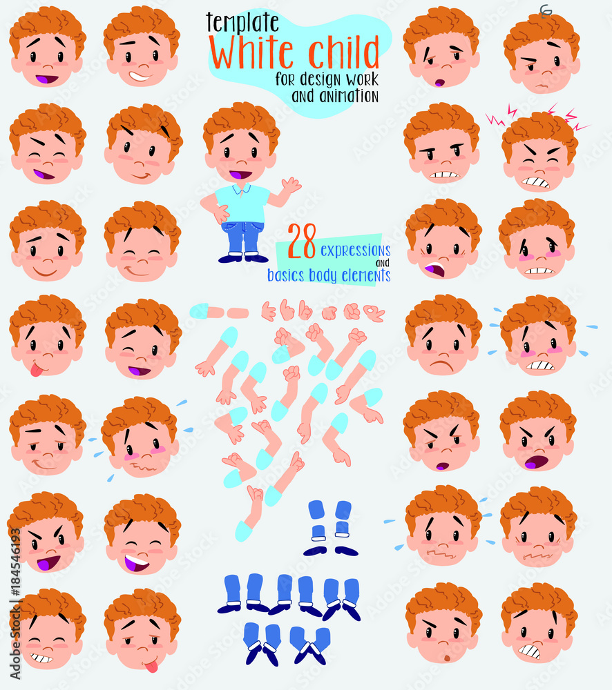 Blond boy in jeans. Twenty eight expressions and basics body elements, template for design work and animation. Vector illustration to Isolated and funny cartoon character. Blond boy in jeans. Twenty eight expressions and basics body elements, template for design work and animation. Vector illustration to Isolated and funny cartoon character.