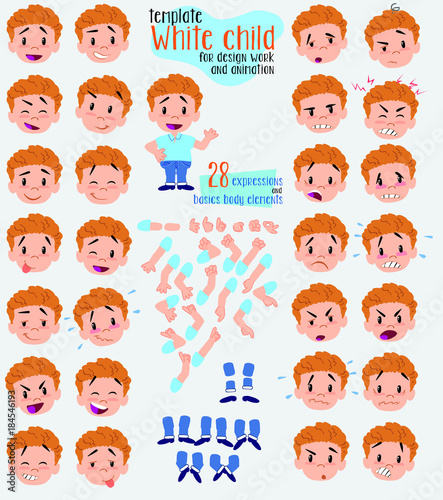 Blond boy in jeans. Twenty eight expressions and basics body elements, template for design work and animation. Vector illustration to Isolated and funny cartoon character.