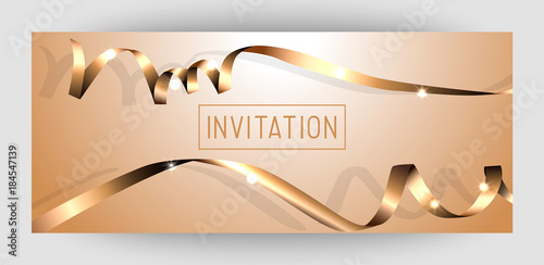 Horizontal gift gold design background with ribbons and balls for invitation, voucher. For a banner, postcards. flyer, label, certificate, company card. Merry New Year and Happy Christmas. Vector.
