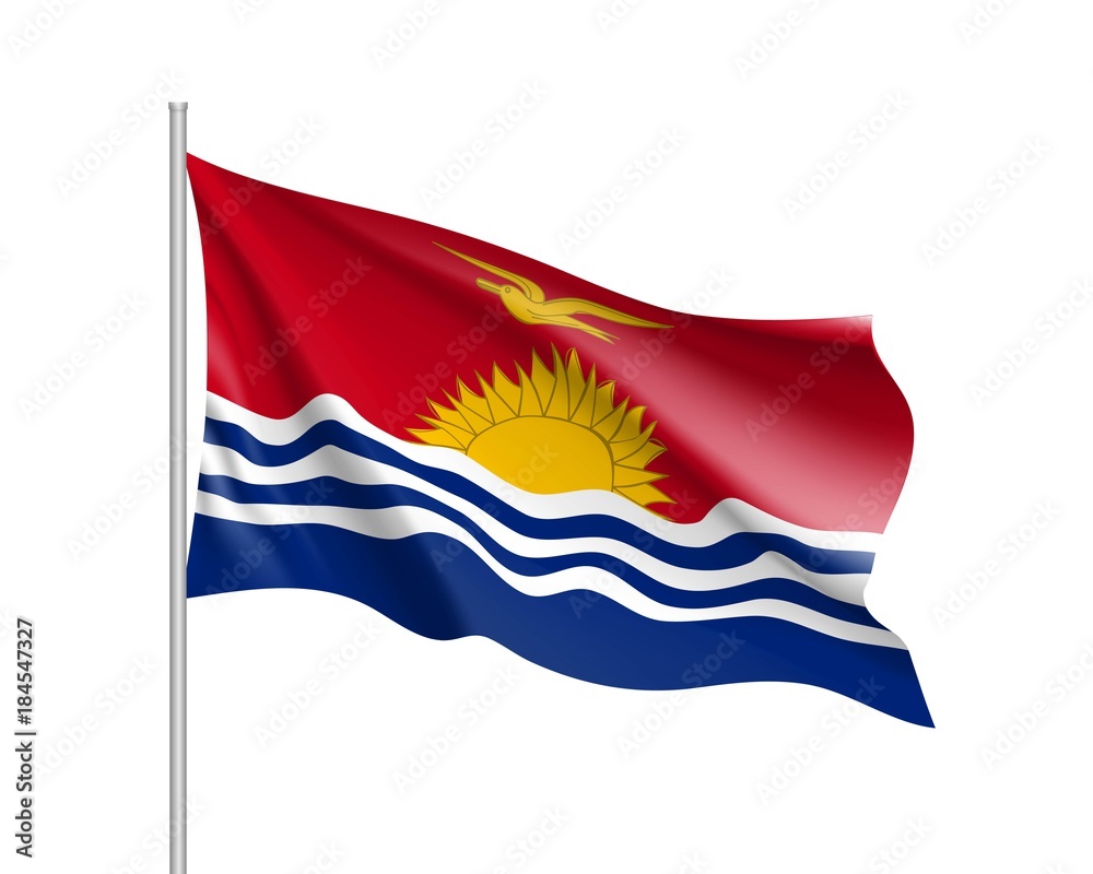 Naklejka premium Waving flag of Kiribati. Illustration of Oceania country flag on flagpole. Vector 3d icon isolated on white background