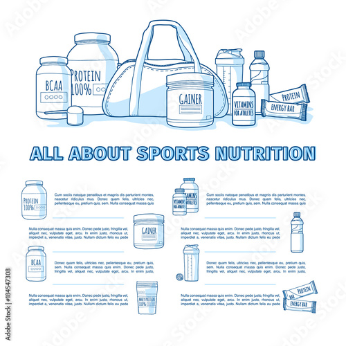 Design of the banner about sports nutrition. Infographics for healthy nutrition of athletes. Template flyer or brochure about supplements and vitamins to the diet of bodybuilders. Vector.
