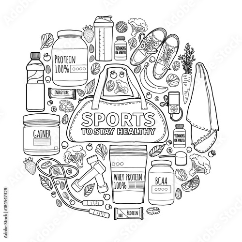 Round linear design motivation banner about sports for a healthy lifestyle. Pattern of sports nutrition and supplements. A healthy diet for the athlete. Vector.