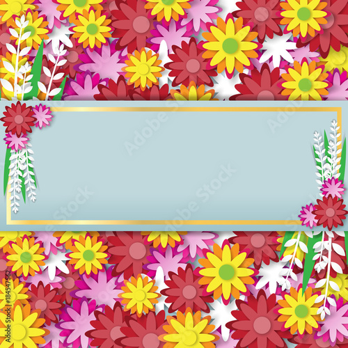 Sale banner with colorful flowers background.Paper art style vector illustration.