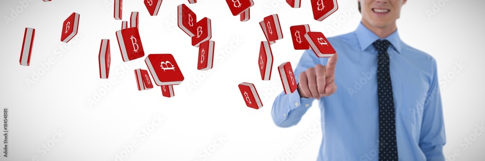 Composite image of mid section of smiling businessman using Composite image of mid section of smiling businessman using