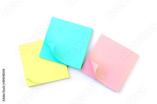 yellow, pink, blue sticky note isolate on white background