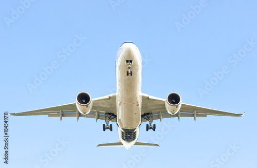 large passenger jet in a clear blue sky