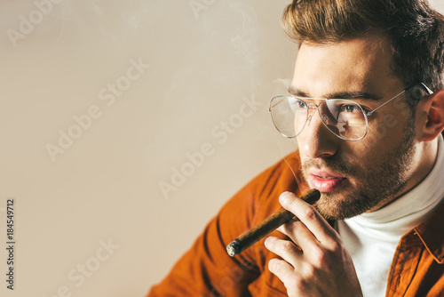 portrait of fashionable pensive man smoking cigar and looking away isolated on beige