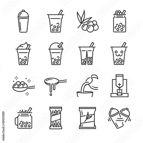 Bubble tea icon set. Included the icons as bubble, milk tea, shake, drink, pouring, boba juice and more.
