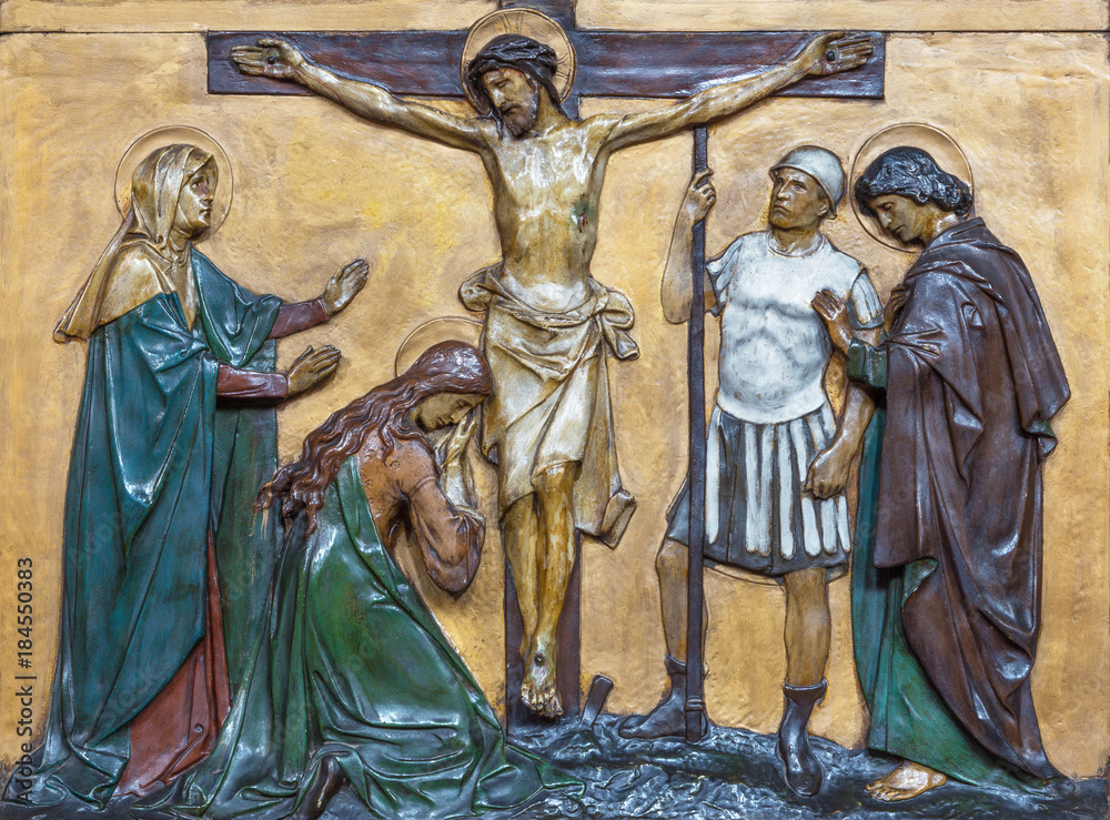 LONDON, GREAT BRITAIN - SEPTEMBER 17, 2017: The relief of Crucifixion  in church St. Marys Pimlico by unknown artist from begin of 20. cent.