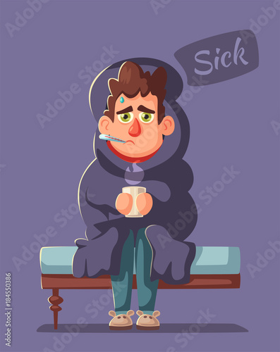 Sick man. Unhappy character. Vector cartoon illustration