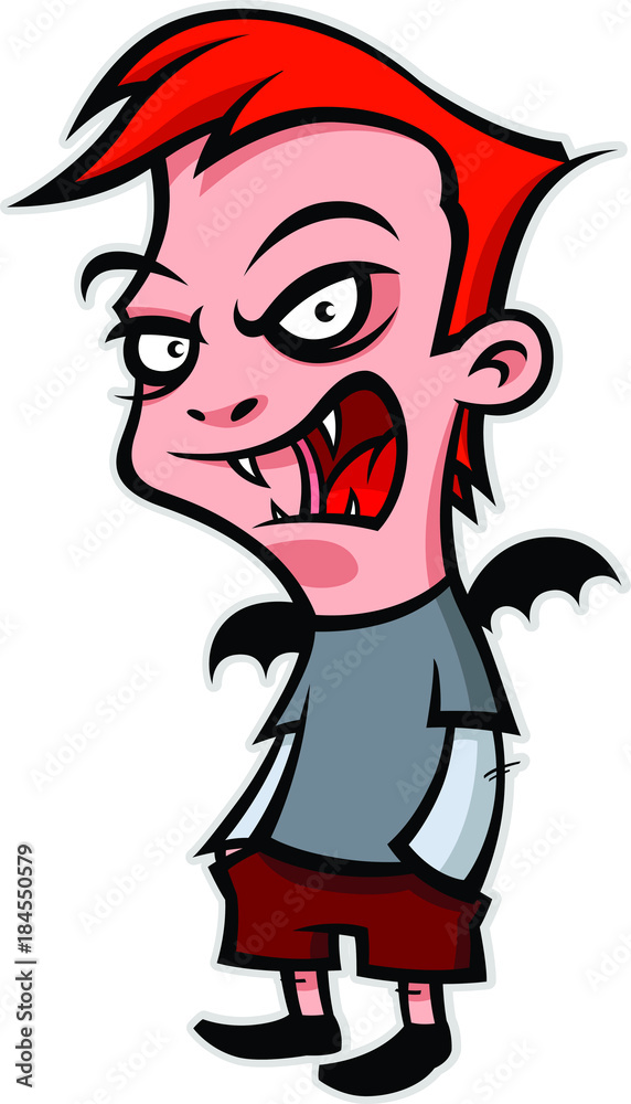 Funny cartoon boy is a vampire. Company character. Vector illustration for any media. Image is isolated on a white background for printing, banner or website. Funny cartoon boy is a vampire. Company character. Vector illustration for any media. Image is isolated on a white background for printing, banner or website.