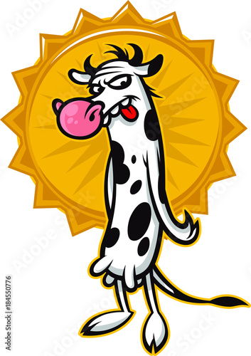Cartoon cute cow. Emblem for printing. A horned cute animal. Image is isolated on white background. Funny animal mascot. A hilarious character for a game or a cartoon.