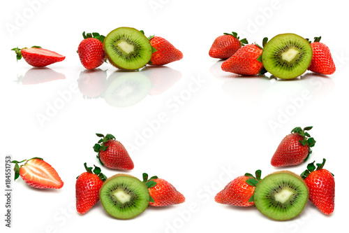 Fototapeta Naklejka Na Ścianę i Meble -  fresh strawberry and juicy kiwi on white background