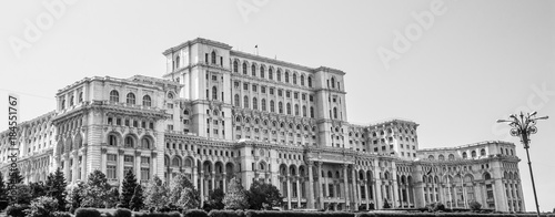 The Palace of the Parliament in Bucharest, Romania. Black and white