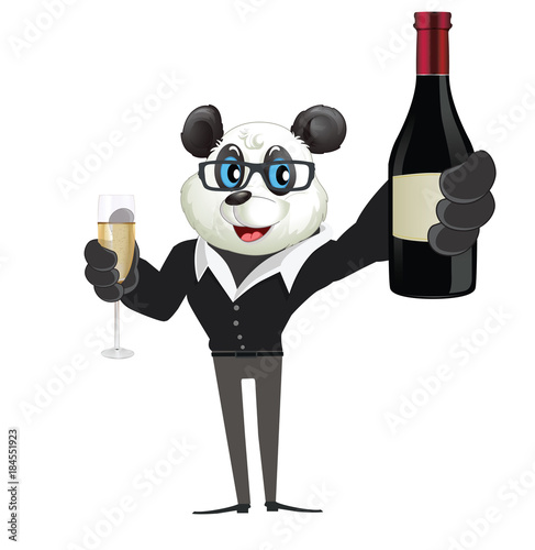 Fototapeta Naklejka Na Ścianę i Meble -  Cartoon Character Panda Holding Glass of Champagne and Bottle