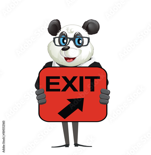 Fototapeta Naklejka Na Ścianę i Meble -  Cartoon Character Panda Holding Exit Sign