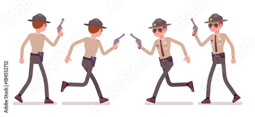Male sheriff walking and running with handgun