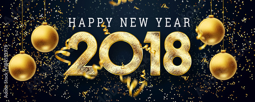 2018 Happy new year. Gold Numbers Design of greeting card. Gold Shining Pattern. Happy New Year Banner with 2018 Numbers on black Bright Background.