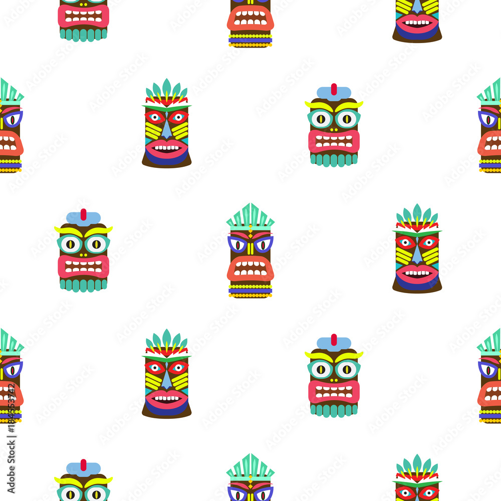 Colorful tiki mask seamless pattern vector. Hawaiian culture white texture background.