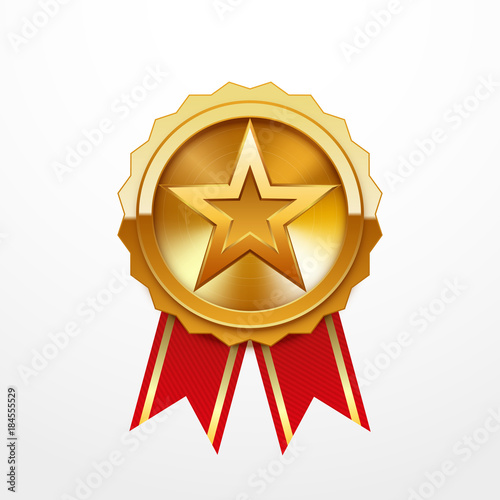 Golden medal with star logo, isolated on white