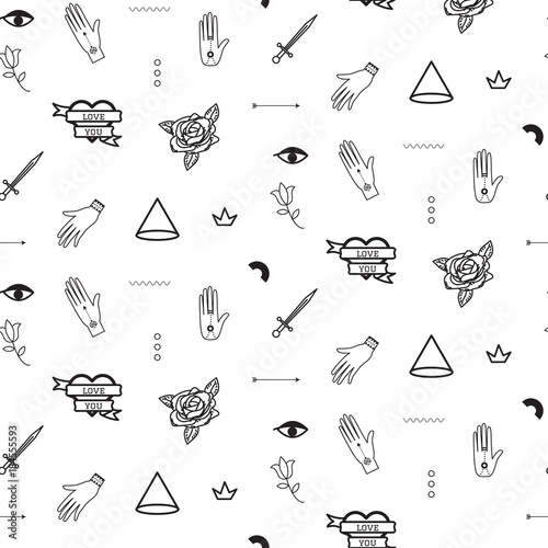 Doodle hipster flash tattoo style seamless vector pattern. Simple outline black and white line style background.
