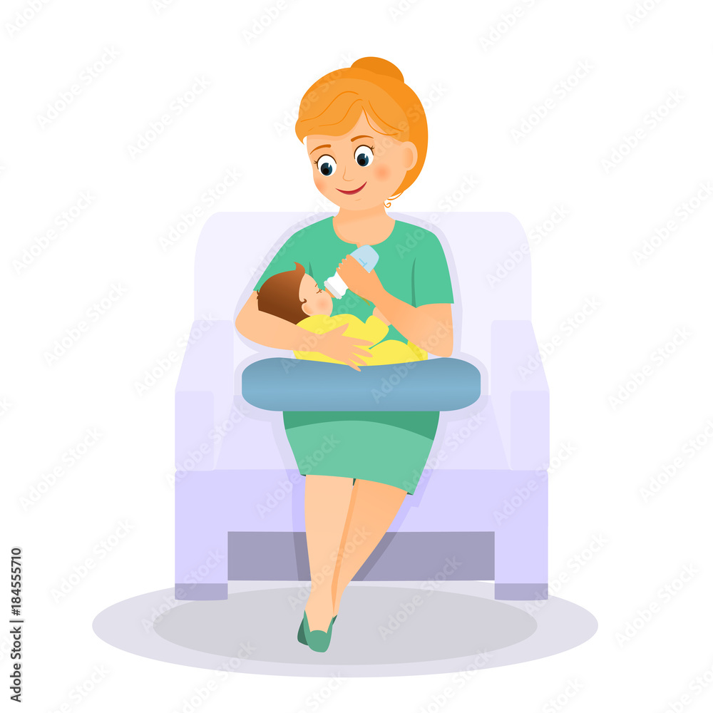 Mother feeds baby from bottle.