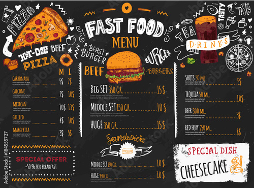 Fast food menu design on dark chalkboard with lettering and doodle style sketches. Vector creative junk kitchen illustration.