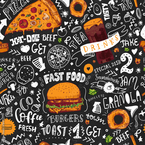 Fast Food seamless pattern in Hand Drawn Doodle Style with sketh Objects on Junk kitchen Theme with lettering. Chalkboard Design. Vector illustration.